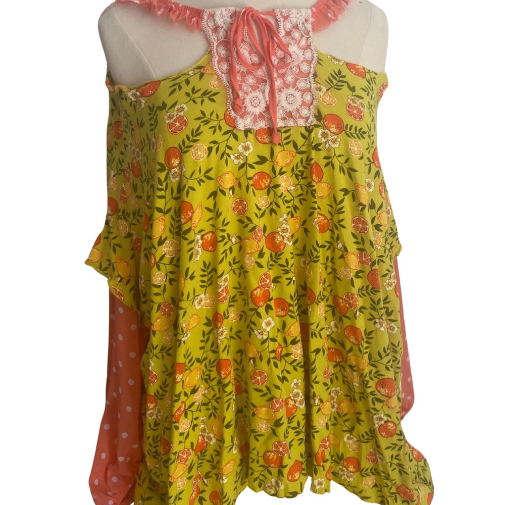 Citrus Dot Thrift Flip Cold-Shoulder Top with Coral Accents